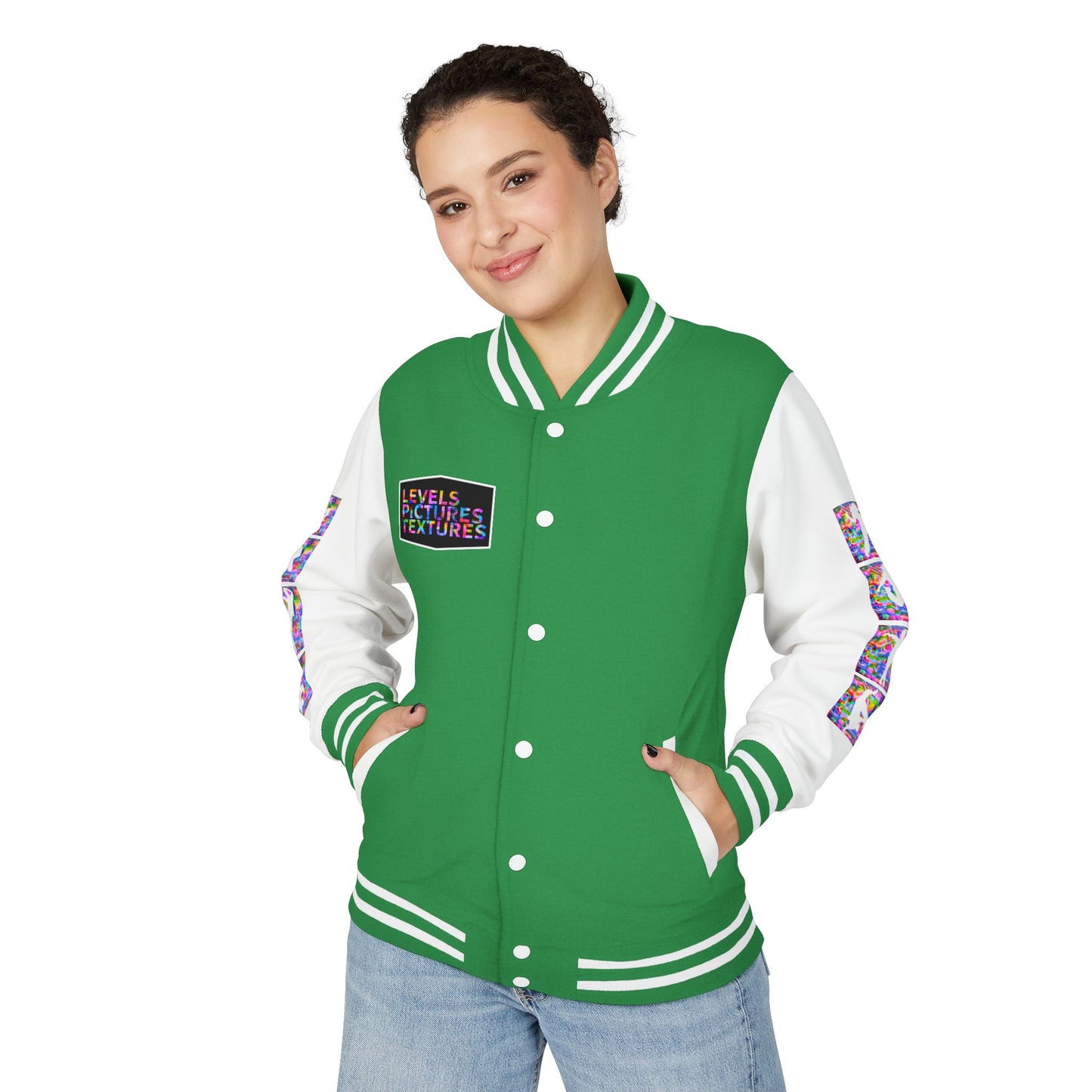 Levels Premium Collection Dance Letterman Jacket β Colorful Unisex Streetwear Varsity Jacket with "Levels Pictures Textures" Front and Dancer Silhouette Back Graphic