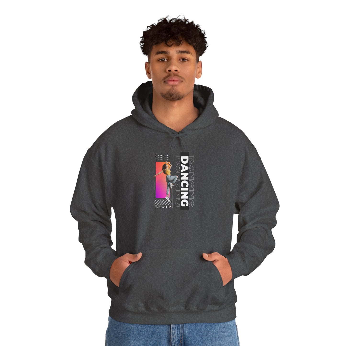 Dancing” Text with Streetwear-Style Female Dancer Graphic - Unisex Heavy Blend™ Hooded Sweatshirt – Cozy Dance Hoodie for Ballet & Hip-Hop Enthusiasts