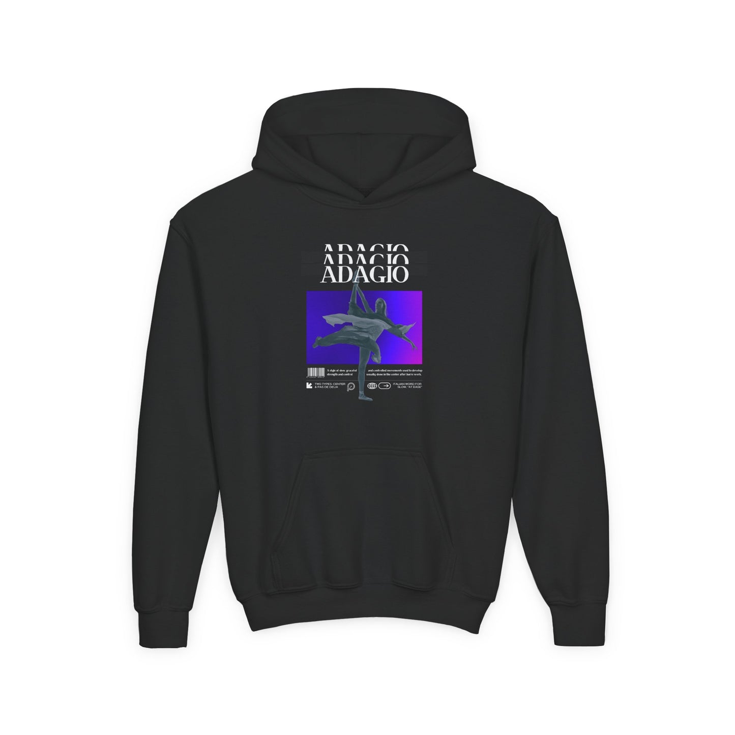 “Adagio” Ballet Term Definition with Beautiful Ballerina Graphic Unisex Youth Hoodie | Streetwear-Inspired Ballet Dance Hoodie for Kids & Young Dancers