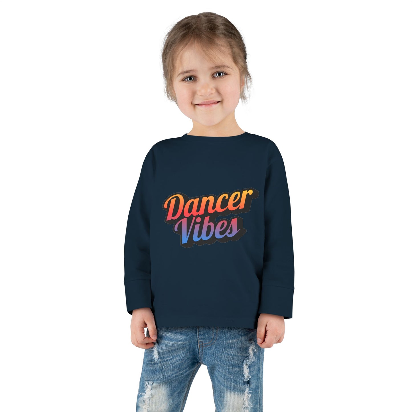 "Dancer Vibes" Toddler Dance T-Shirt – Colorful Text Graphic Long Sleeve Tee for Kids