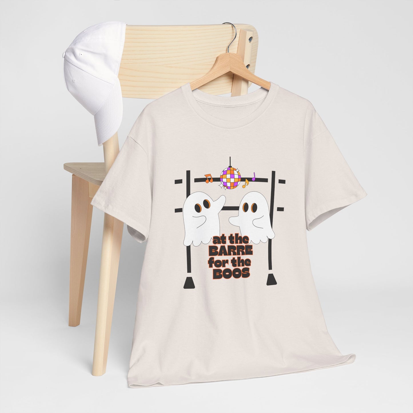 “At the Barre for the Boos” Dance Halloween T-Shirt with Cute Ghost Ballet Graphics - Unisex Heavy Cotton Tee