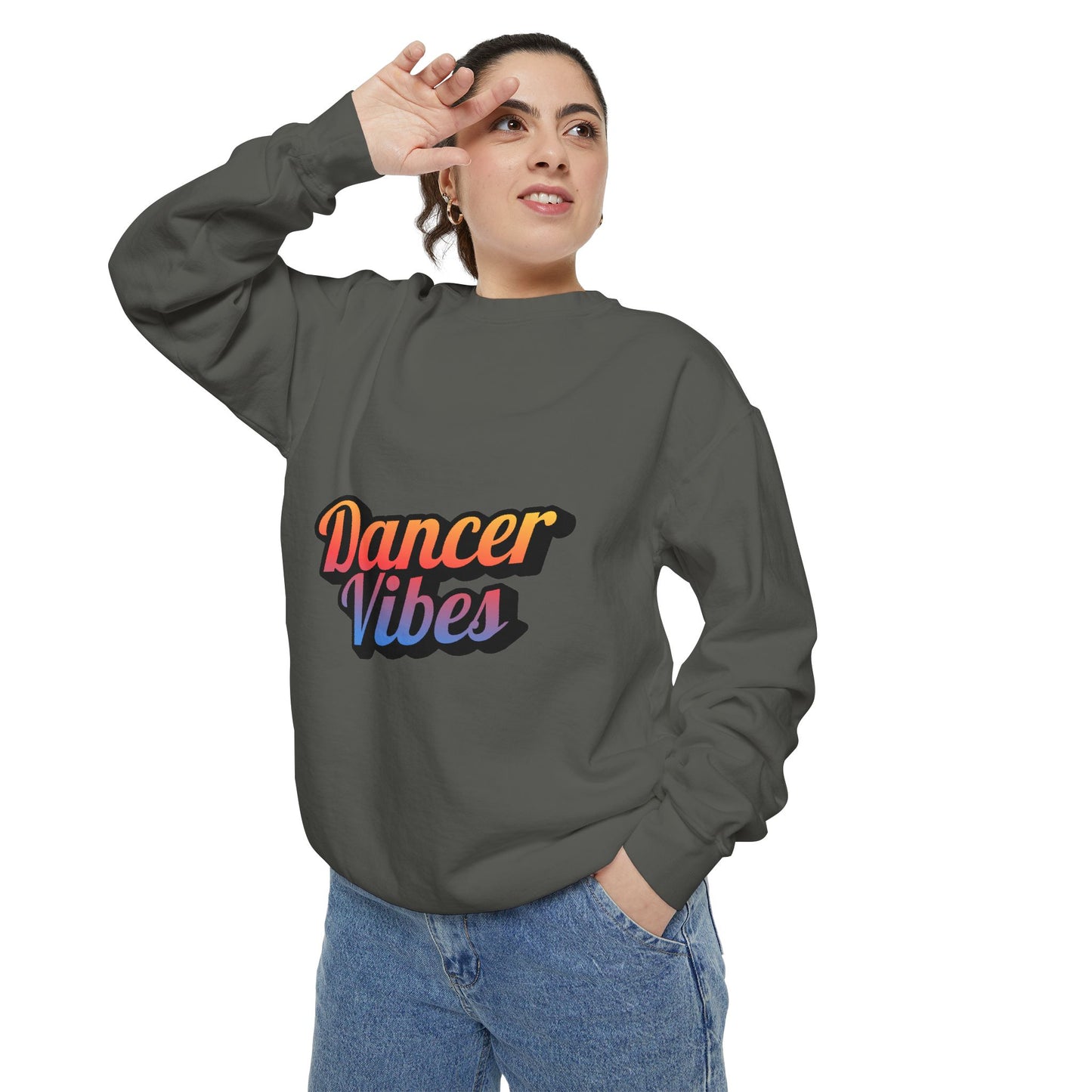 "Dancer Vibes" Unisex Lightweight Crewneck Sweatshirt – Colorful Text Graphic Pullover for Dance Lovers & Studio Style