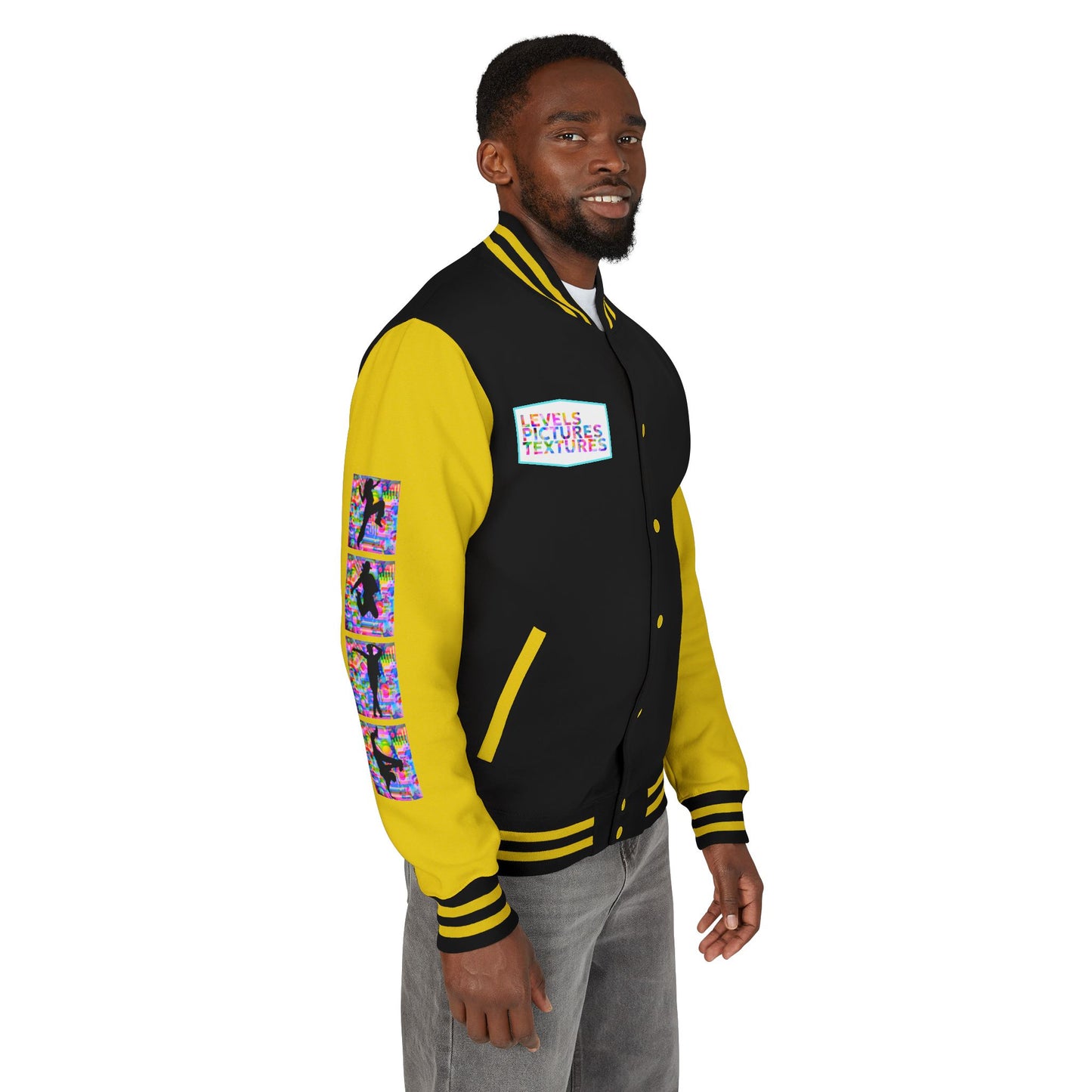 Levels Premium Collection Dance Letterman Jacket β Colorful Unisex Streetwear Varsity Jacket with "Levels Pictures Textures" Front and Dancer Silhouette Back Graphic