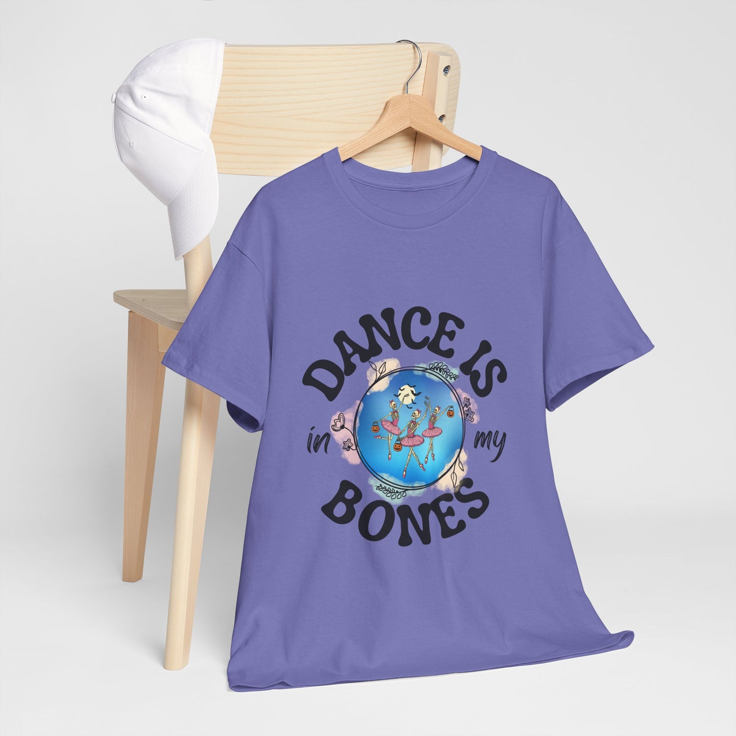 “Dance Is in My Bones” Halloween Dance T-Shirt with Dancing Skeletons Graphic - Unisex Heavy Cotton Tee