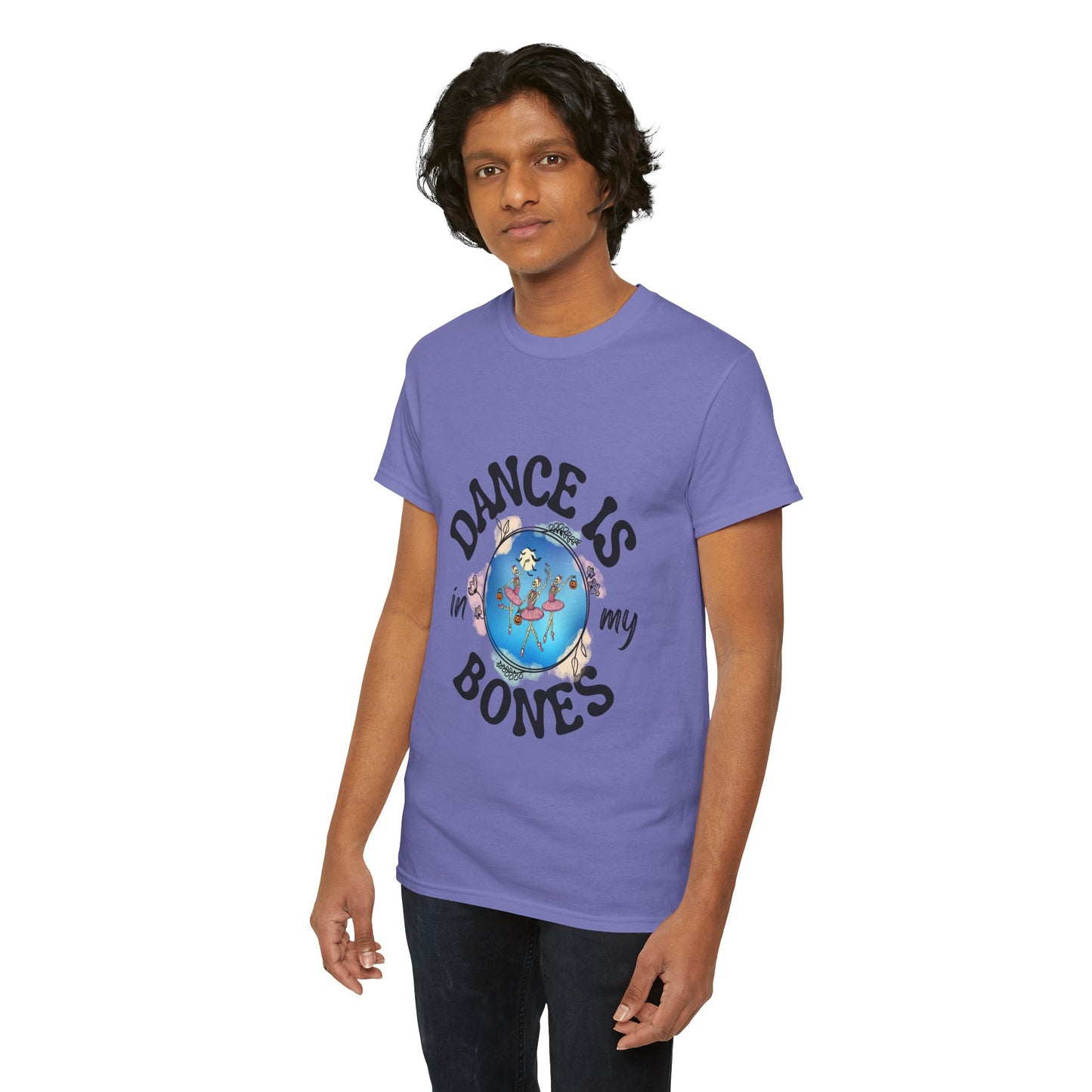 “Dance Is in My Bones” Halloween Dance T-Shirt with Dancing Skeletons Graphic - Unisex Heavy Cotton Tee