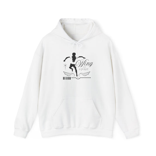 White hoodie with black graphic design on a white background