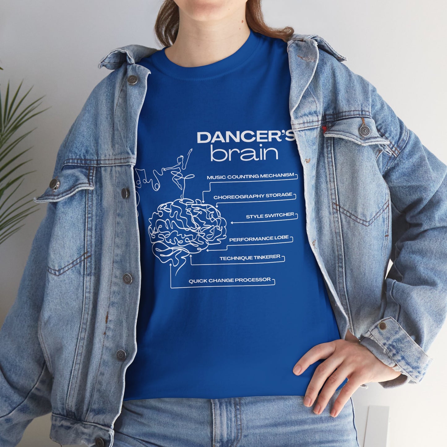 “Dancer’s Brain” Funny Dance Anatomy T-Shirt – Unisex Heavy Cotton Tee with Cute Dancer Brain Diagram and Optional Back Personalization