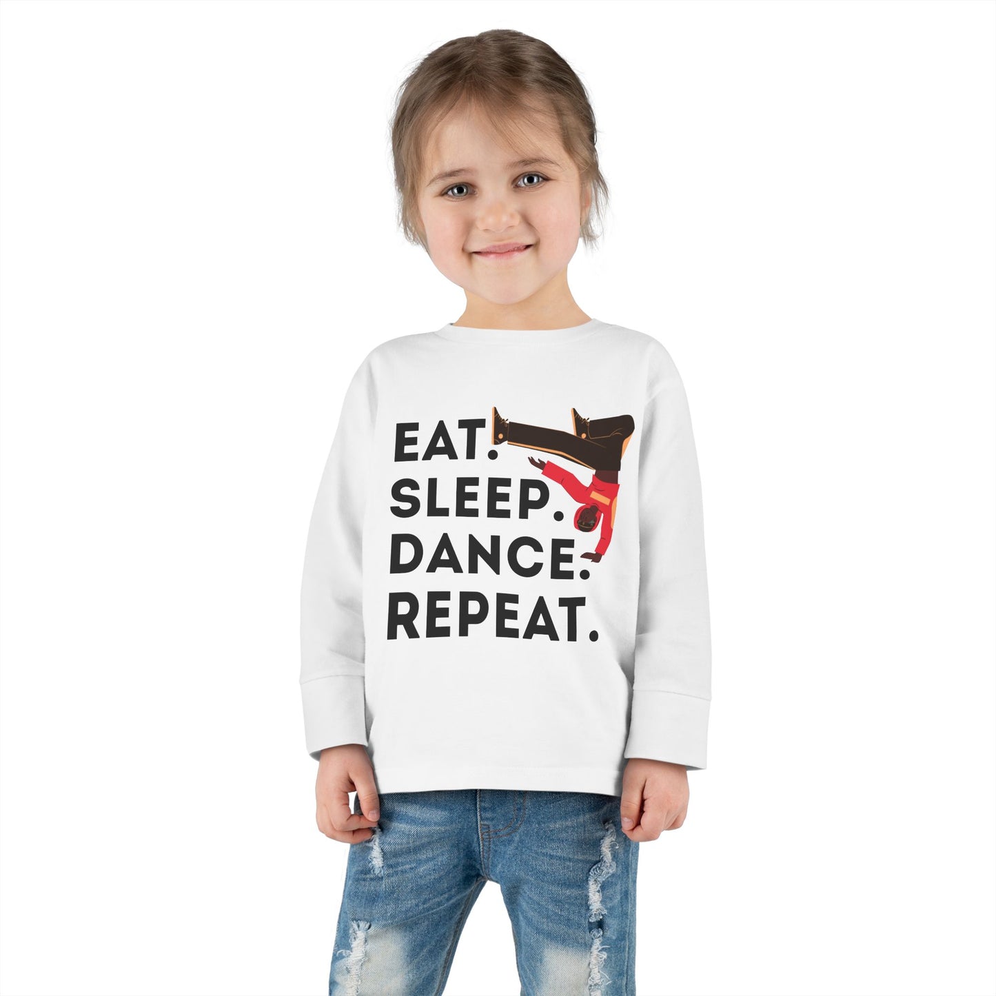 "Eat, Sleep, Dance, Repeat" Toddler Dance T-Shirt – Bold B-Boy Graphic Long Sleeve Tee for Kids