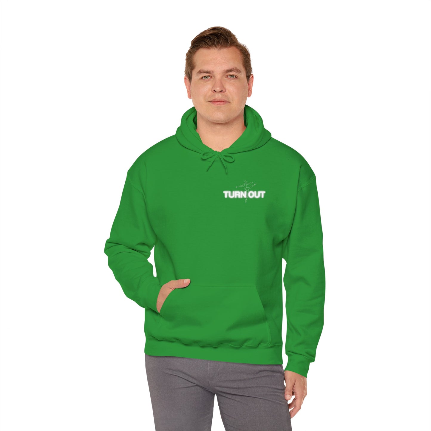 Person wearing a green hoodie with 'TURN OUT' text on a white background