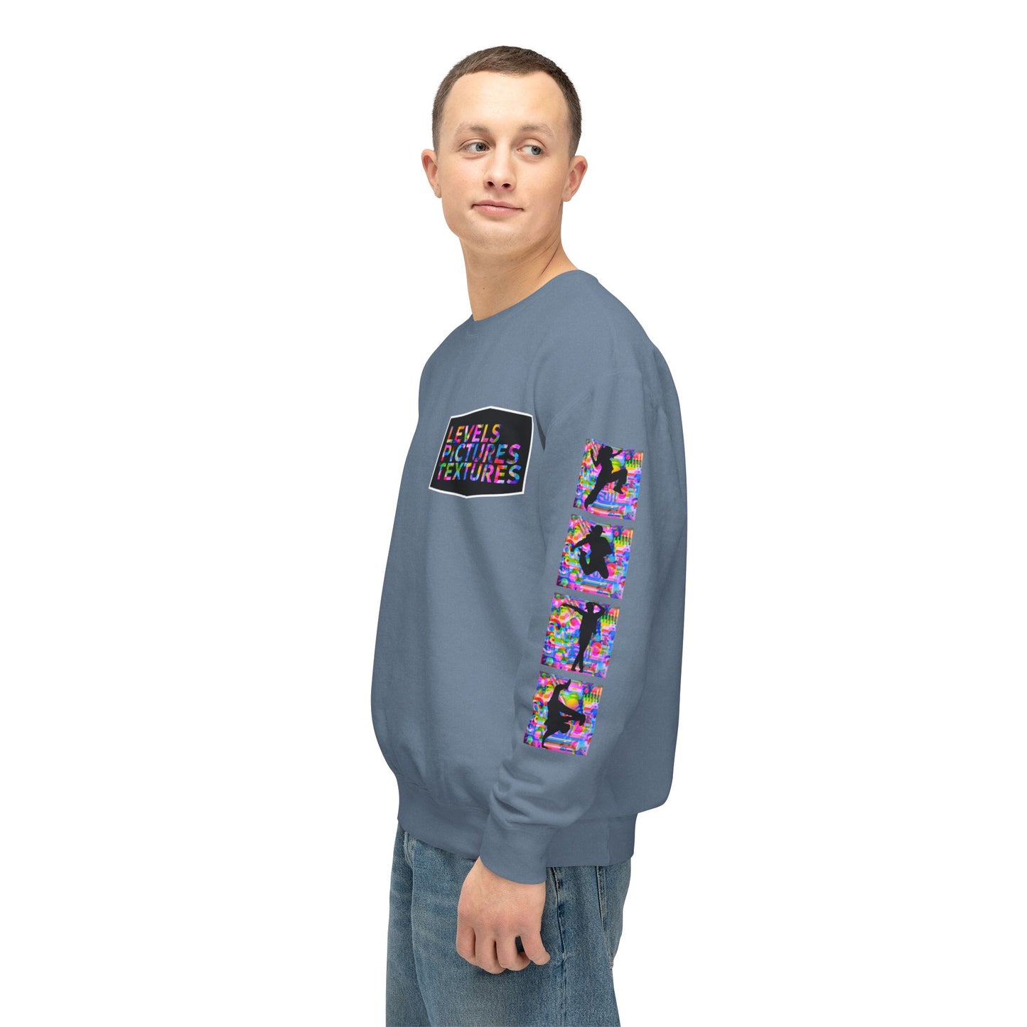 Levels Premium Collection Dance Crewneck Sweatshirt – Vibrant Unisex Streetwear Pullover with "Levels Pictures Textures" Front Text and Dancer Silhouettes on Sleeves