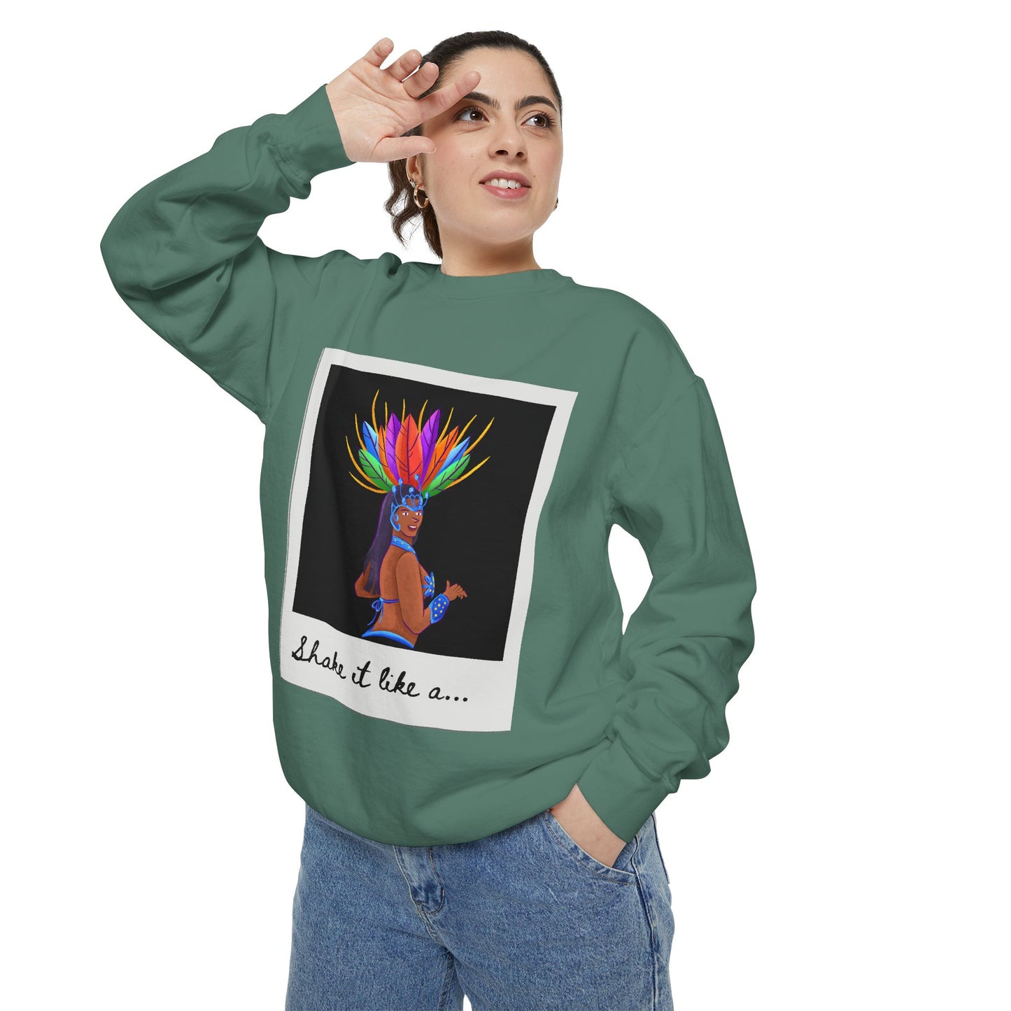 "Shake It Like a..." Unisex Lightweight Crewneck Sweatshirt – Carnival-Inspired Samba Dancer Graphic Pullover for Dance Lovers & Festival Vibes
