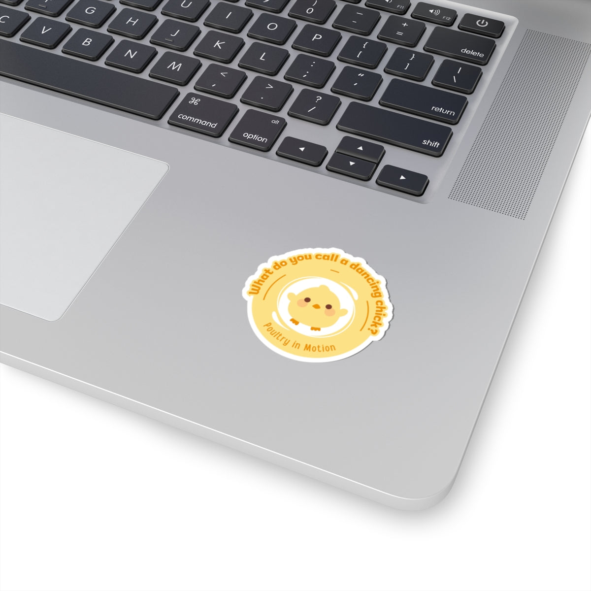 "What do you call a dancing chick? Poultry in Motion." Kiss-Cut Sticker – Funny Dancing Chicken Pun – Cute Dance-Themed Vinyl Sticker for Laptops, Journals & Water Bottles