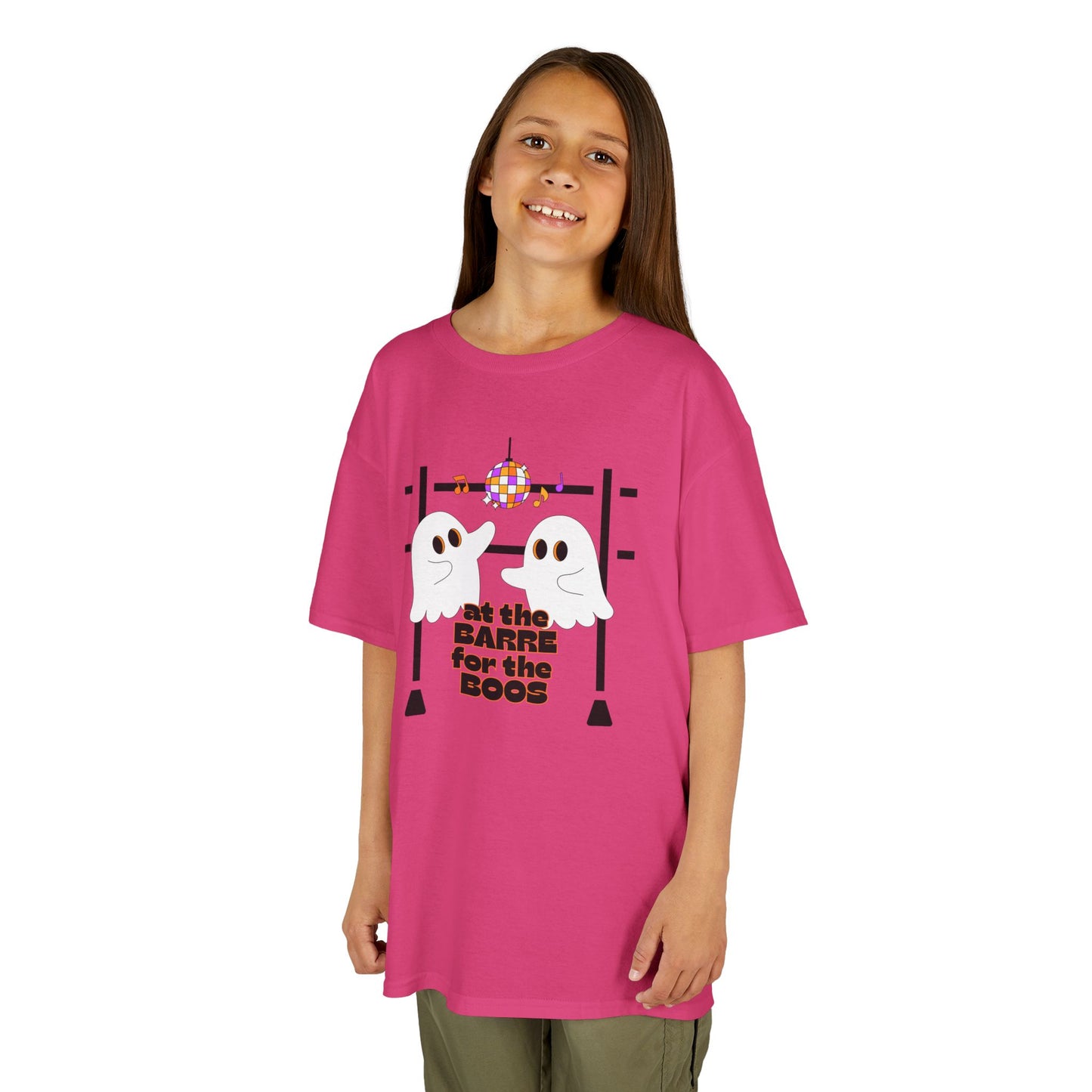 “At the Barre for the Boos” Halloween Dance T-Shirt with Cute Ghost Ballet Graphics - Kids Heavy Cotton™ Tee