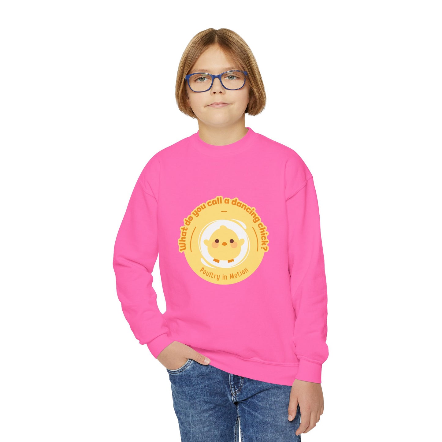 "What do you call a dancing chick? Poultry in Motion." – Funny Dance Pun Youth Crewneck Sweatshirt | Cute Dancing Chicken Kids Pullover