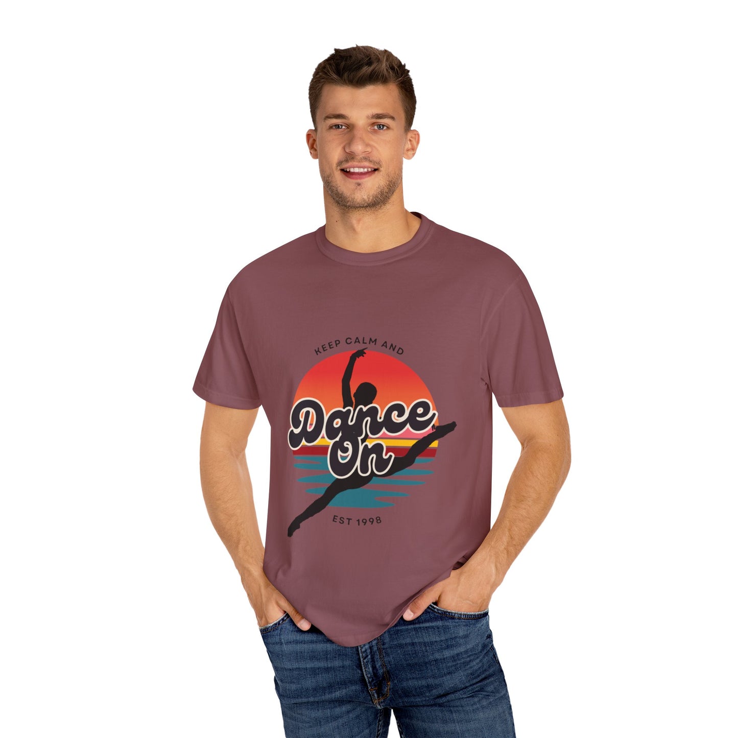 "Keep Calm and Dance On" Unisex Garment-Dyed T-Shirt – Retro Dance Graphic Tee – Vintage-Inspired Comfort Shirt for Dancers