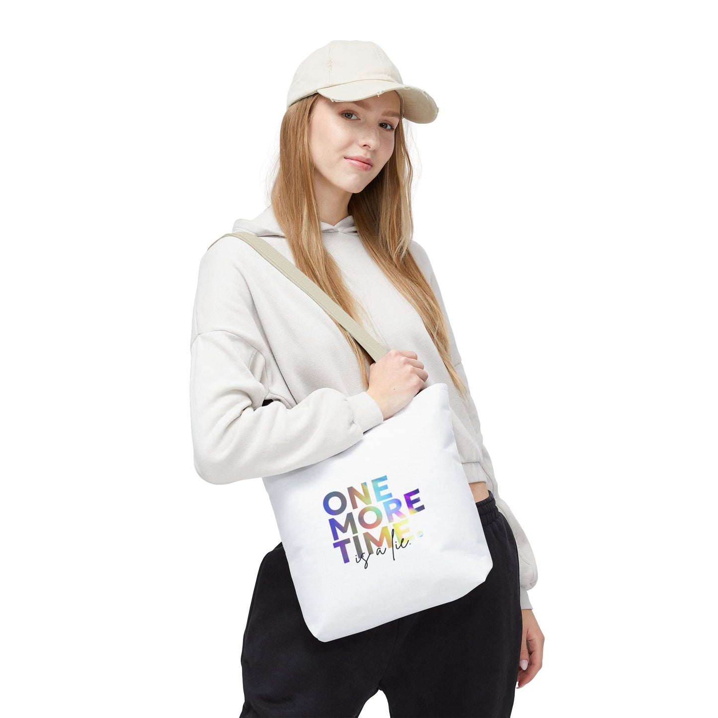 "One More Time Is a Lie" Dance Quote Canvas Tote Bag – Funny Colorful Text Graphic Dance Bag for Rehearsals, Studio & Everyday Use