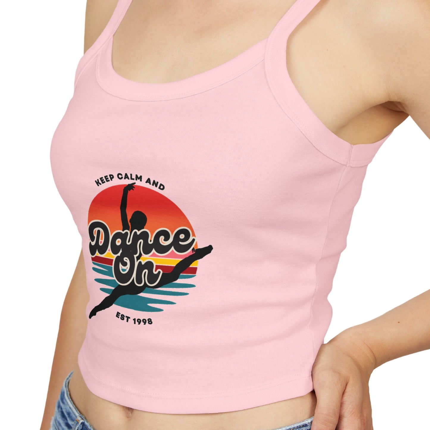 "Keep Calm and Dance On" Women’s Spaghetti Strap Tank Top – Retro Graphic Design | Fun & Stylish Dancewear for Studio, Festivals, and Everyday Outfits