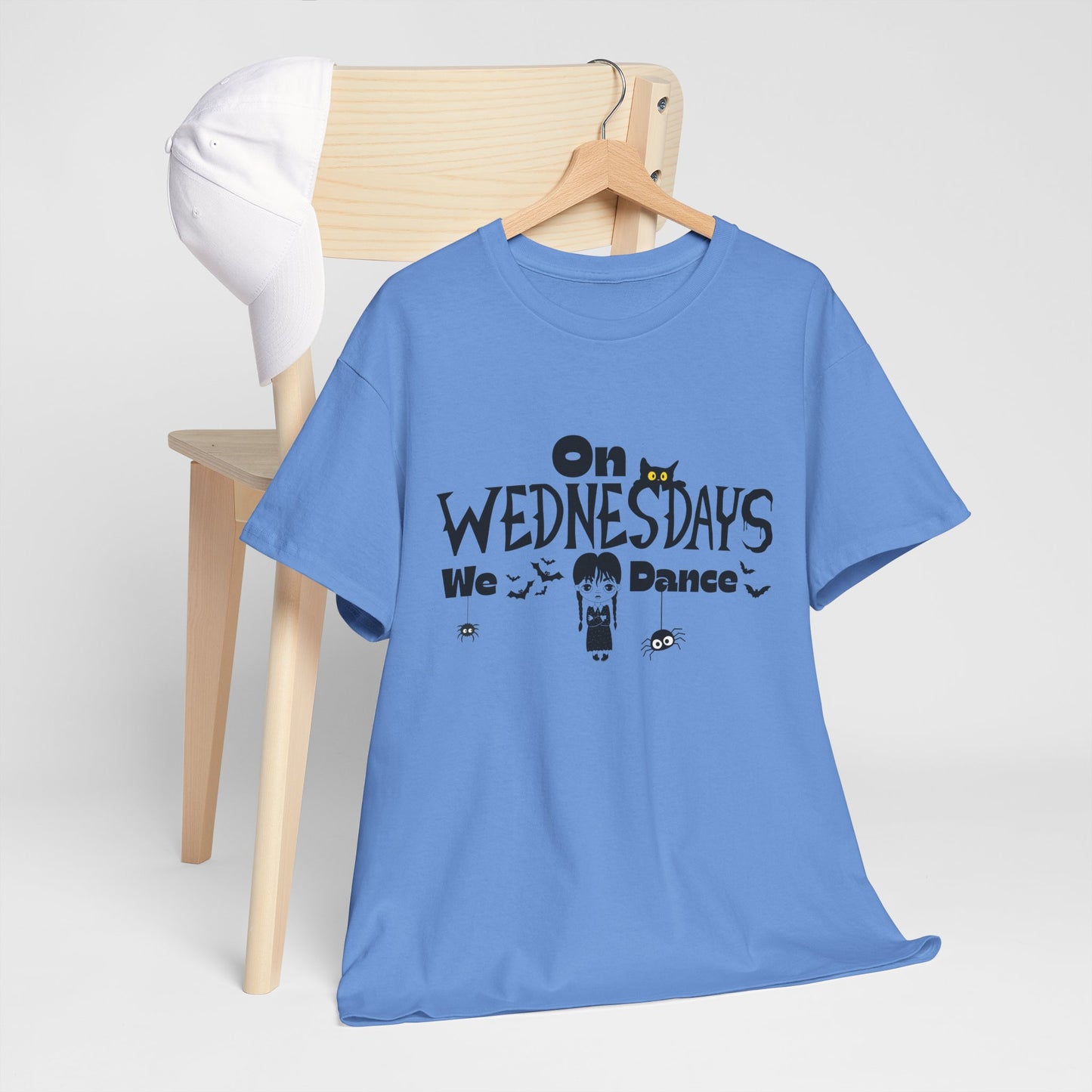“On Wednesdays We Dance” Gothic Halloween T-Shirt with Cute Girl, Black Cat, Spiders & Bats - Unisex Heavy Cotton Tee