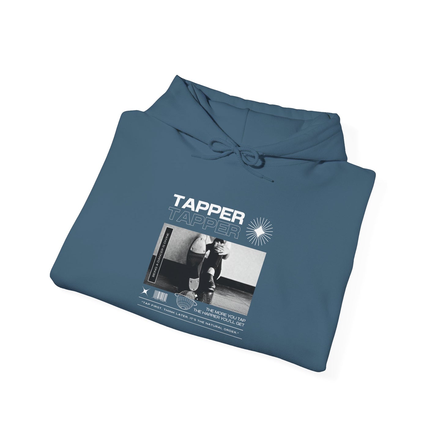 “Tapper” Tap Dance Text with Streetwear-Style Tap Shoes Graphic – Unisex Heavy Blend™ Hooded Sweatshirt – Cozy Dance Hoodie for Tap Dancers & Performing Arts Fans