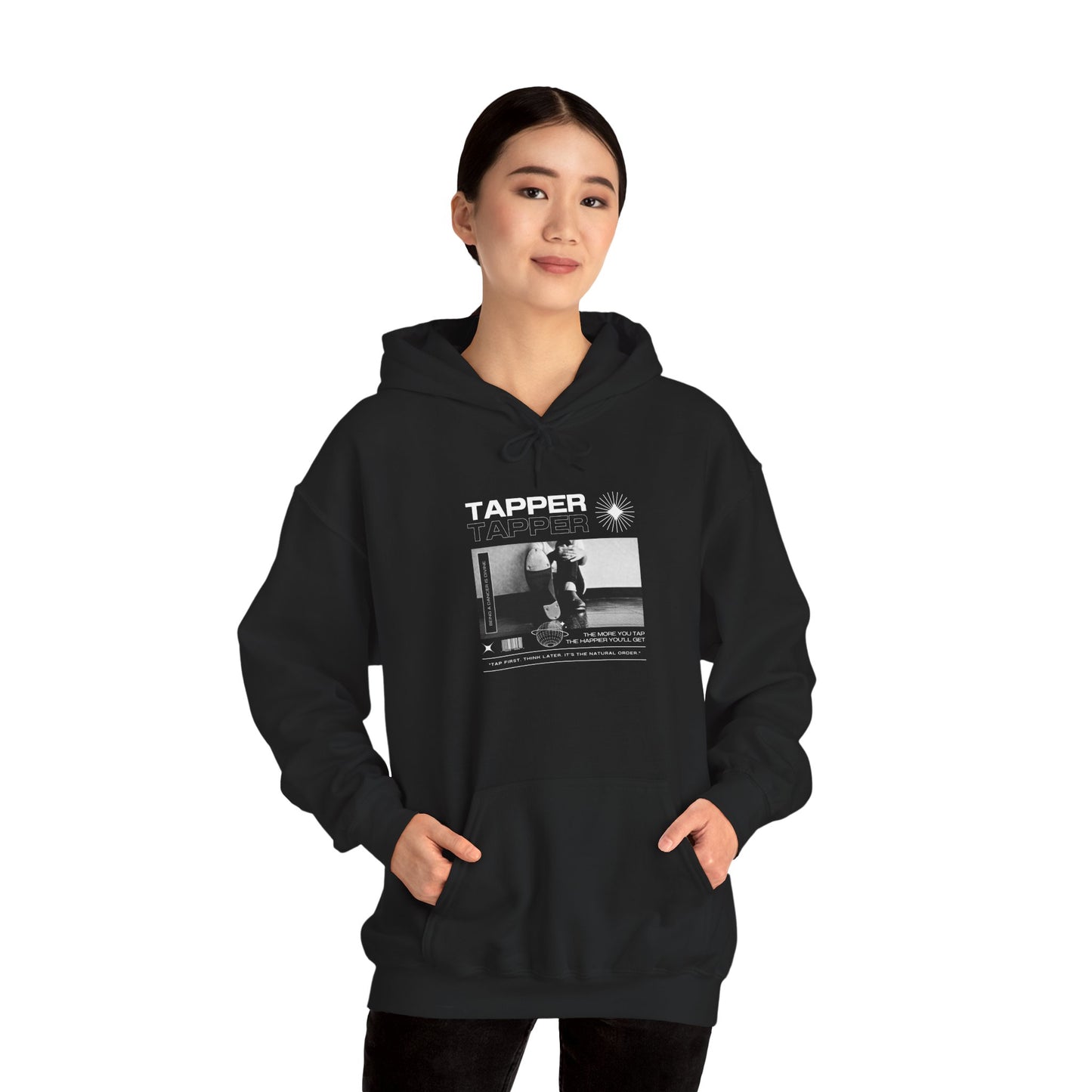 “Tapper” Tap Dance Text with Streetwear-Style Tap Shoes Graphic – Unisex Heavy Blend™ Hooded Sweatshirt – Cozy Dance Hoodie for Tap Dancers & Performing Arts Fans