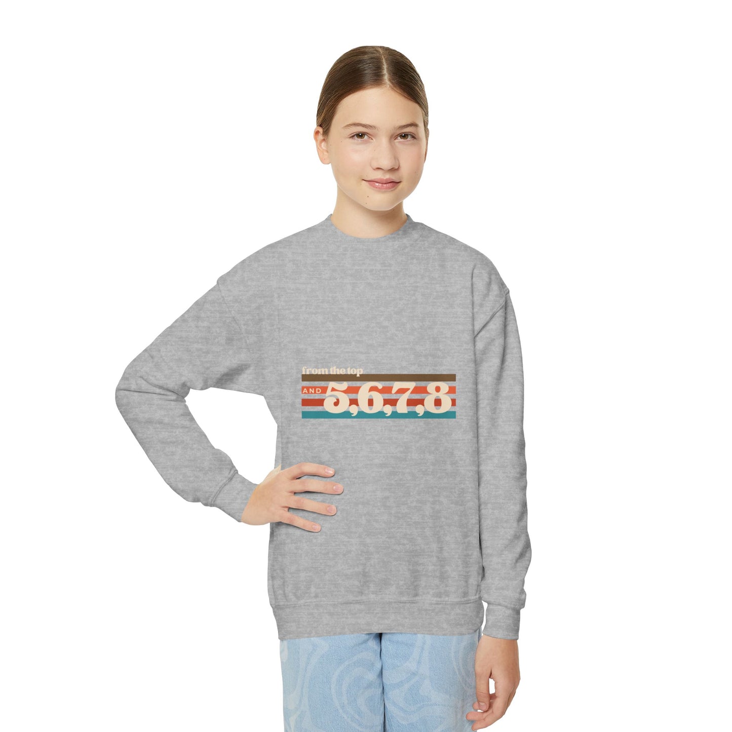 "From the Top and 5, 6, 7, 8" – Retro Dance Youth Crewneck Sweatshirt | Kids Dance Practice Pullover