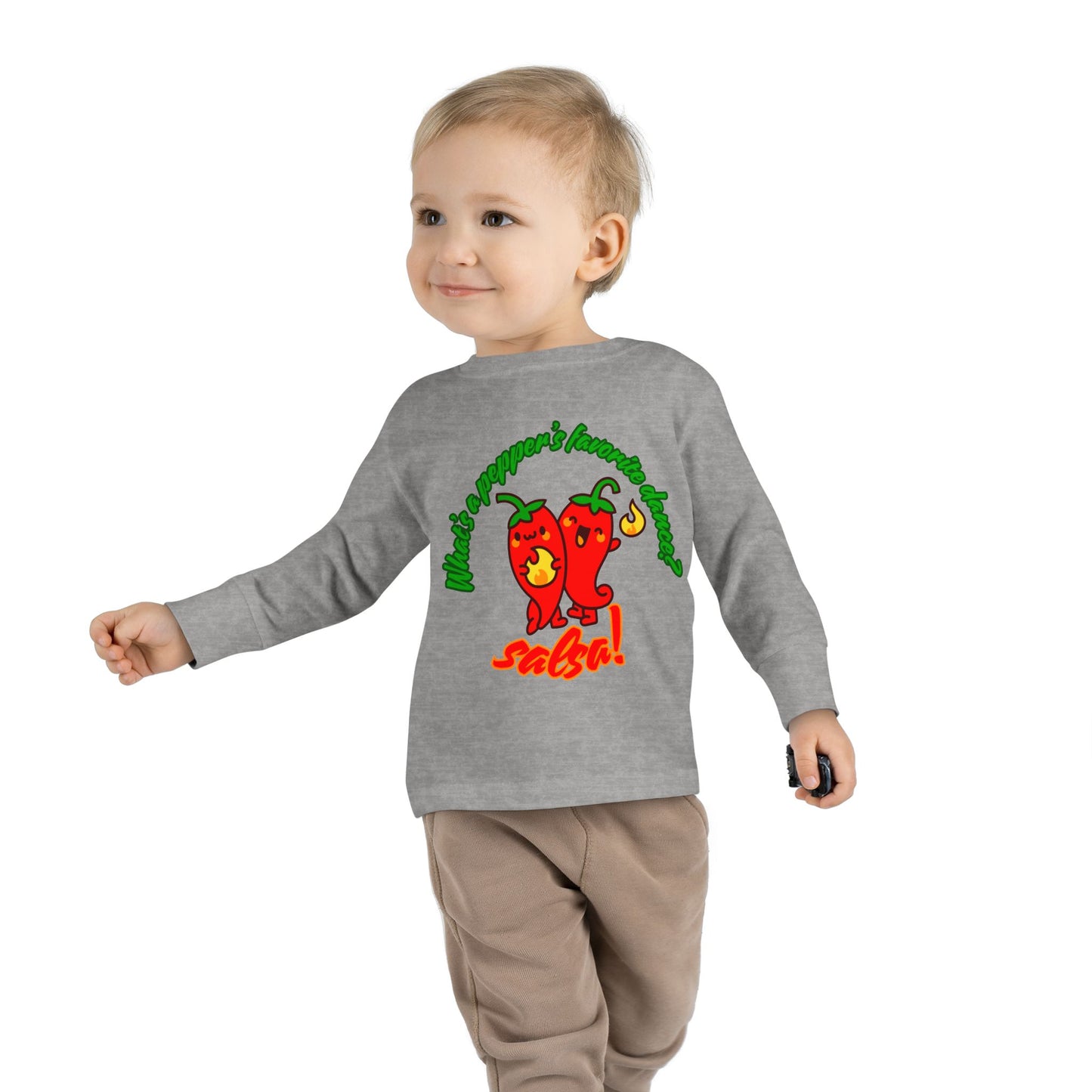 "What Is a Pepper's Favorite Dance? Salsa!" Toddler Dance T-Shirt – Cute Pepper Pun Graphic Long Sleeve Tee for Kids