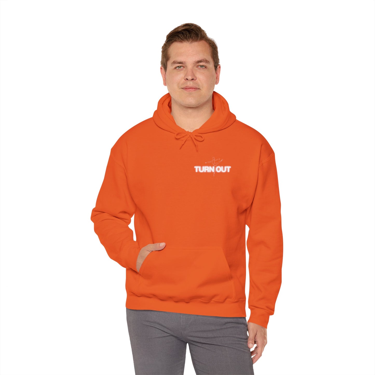 Man wearing an orange hoodie with 'TURN OUT' text on a white background