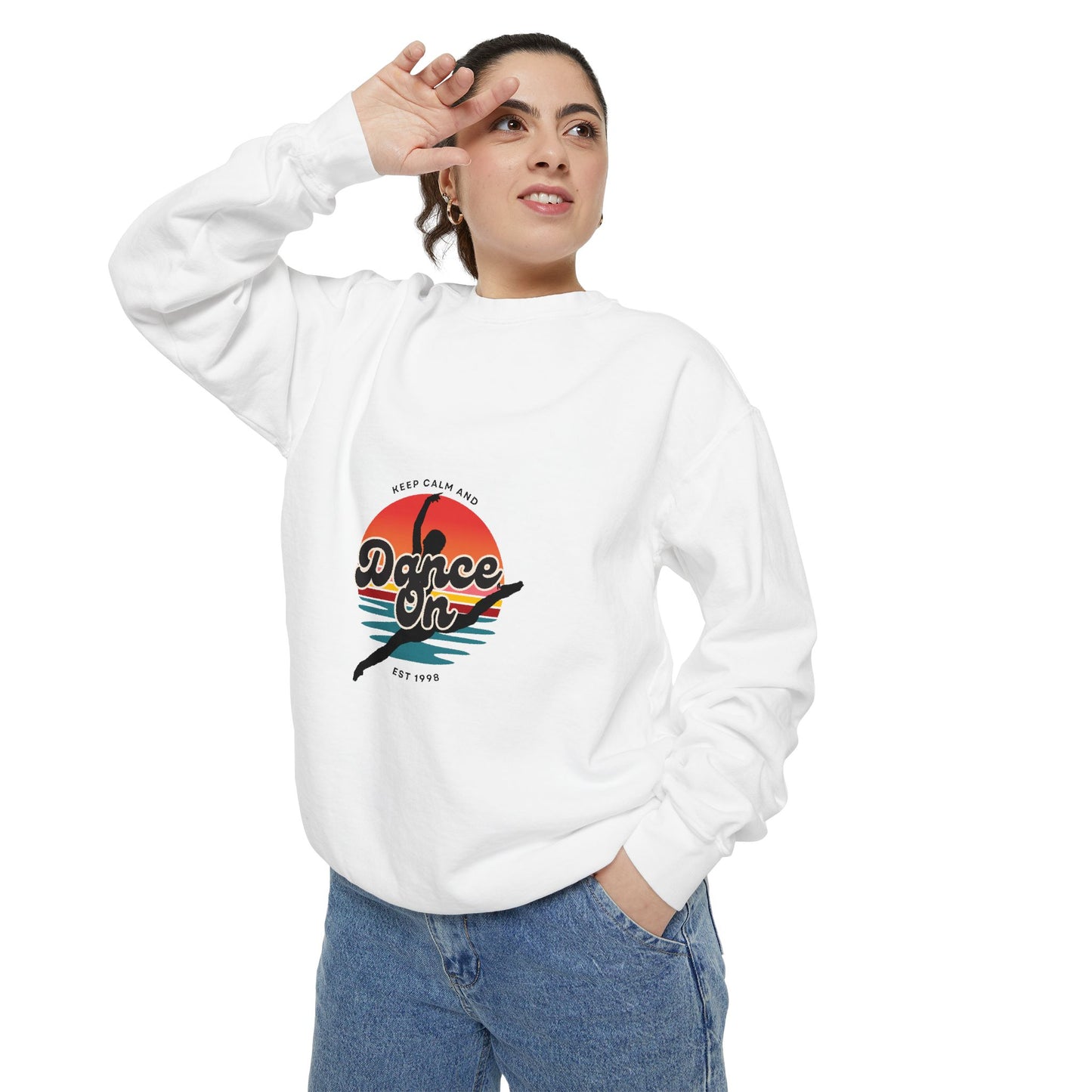 "Keep Calm and Dance On" Unisex Lightweight Crewneck Sweatshirt – Retro-Inspired Dance Graphic Pullover for Dancers & Movement Lovers