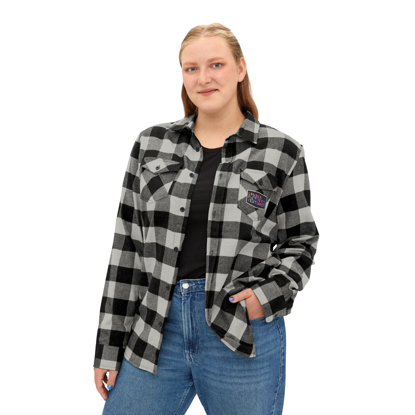 Levels Premium Collection Flannel Shirt – Unisex Streetwear Button-Up with "Levels Pictures Textures" Front Text and Bold Dancer Silhouette Back Graphic