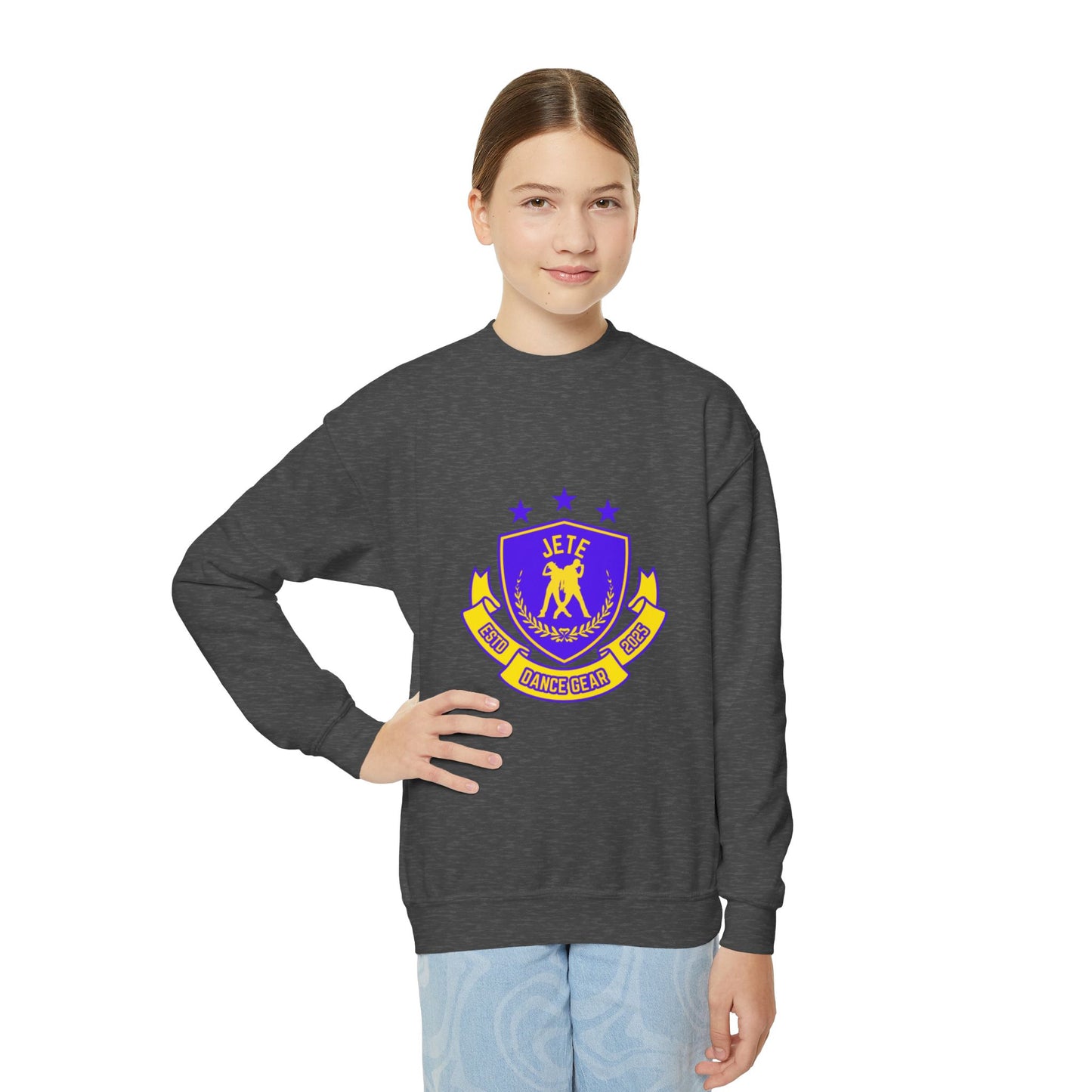 "Jeté Dance Gear" – Collegiate Style Youth Crewneck Sweatshirt | Bold Kids Dance Team Pullover