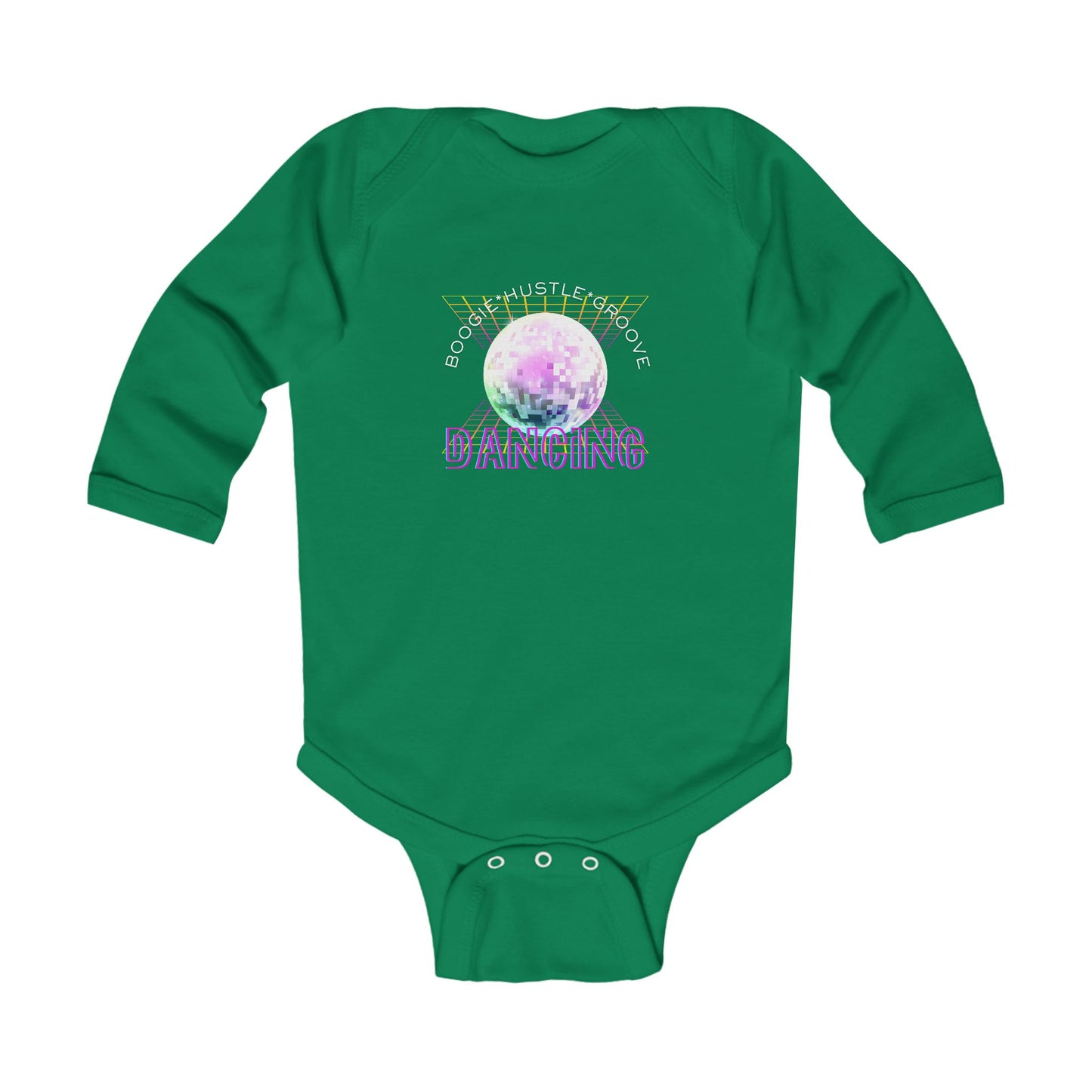 "Boogie, Hustle, Groove - Dancing" Infant Long Sleeve Bodysuit | Retro Dance Baby Onesie for Future Dancers