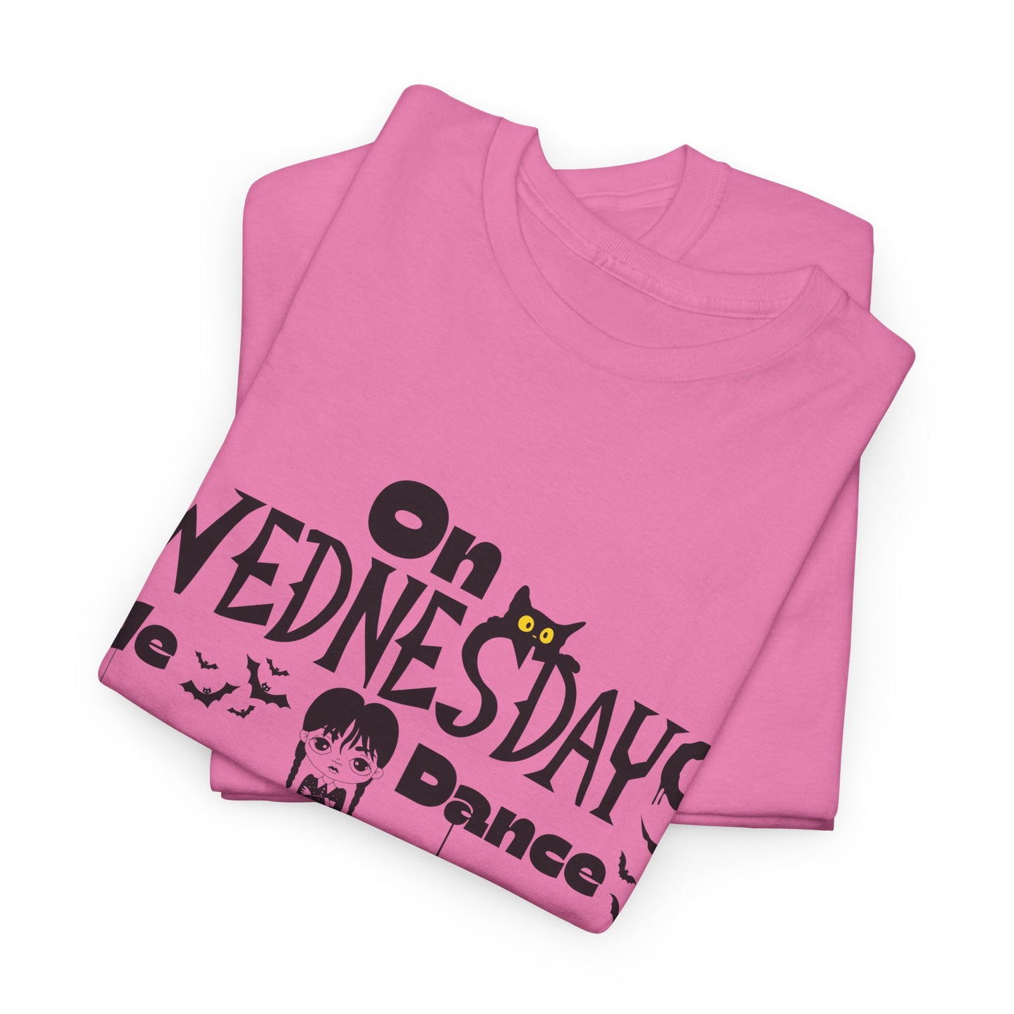 “On Wednesdays We Dance” Gothic Halloween T-Shirt with Cute Girl, Black Cat, Spiders & Bats - Unisex Heavy Cotton Tee