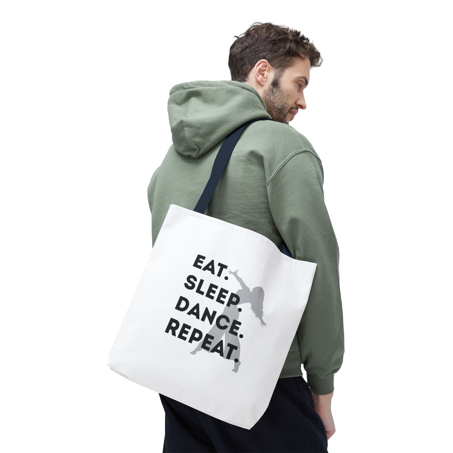 "Eat Sleep Dance Repeat" Canvas Tote Bag – Gray Dancer Silhouette Dance-Themed Reusable Shoulder Bag for Dancers, Studio, or Everyday Use
