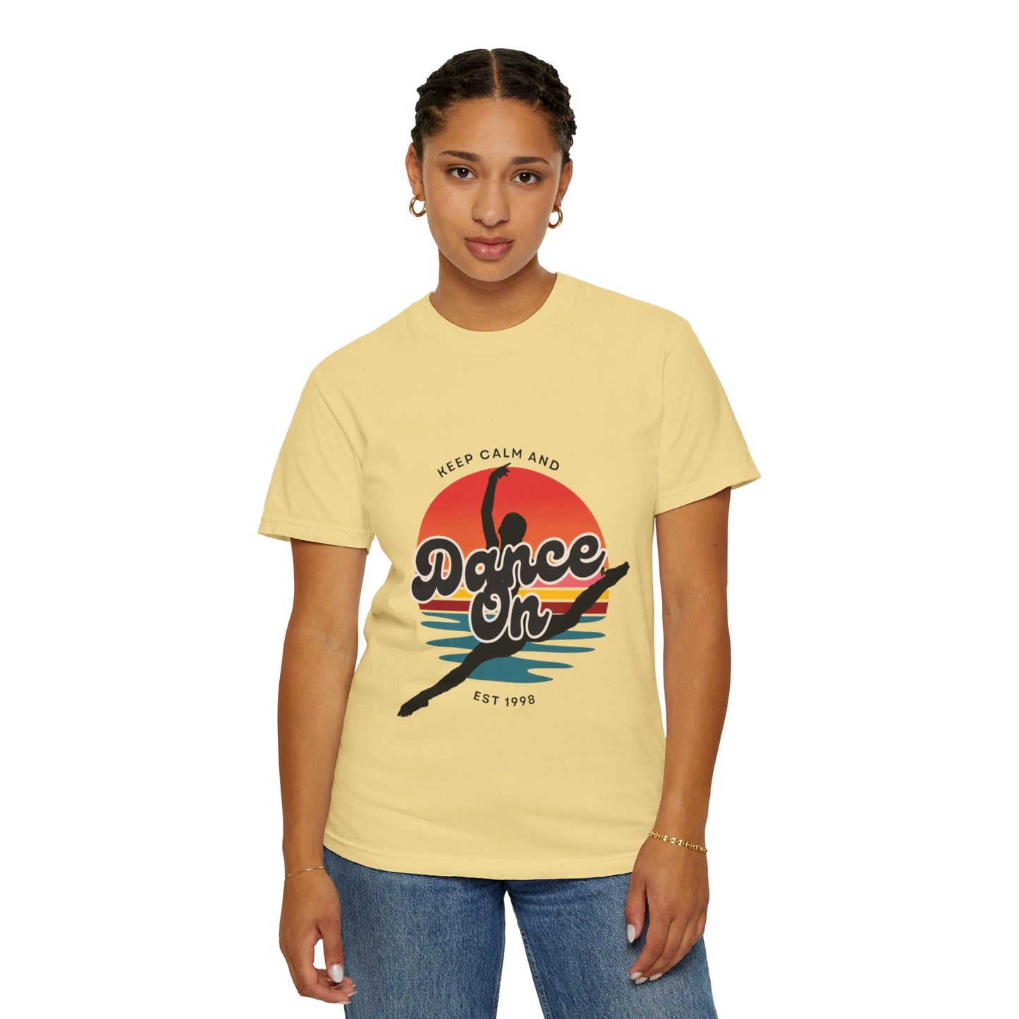 "Keep Calm and Dance On" Unisex Garment-Dyed T-Shirt – Retro Dance Graphic Tee – Vintage-Inspired Comfort Shirt for Dancers