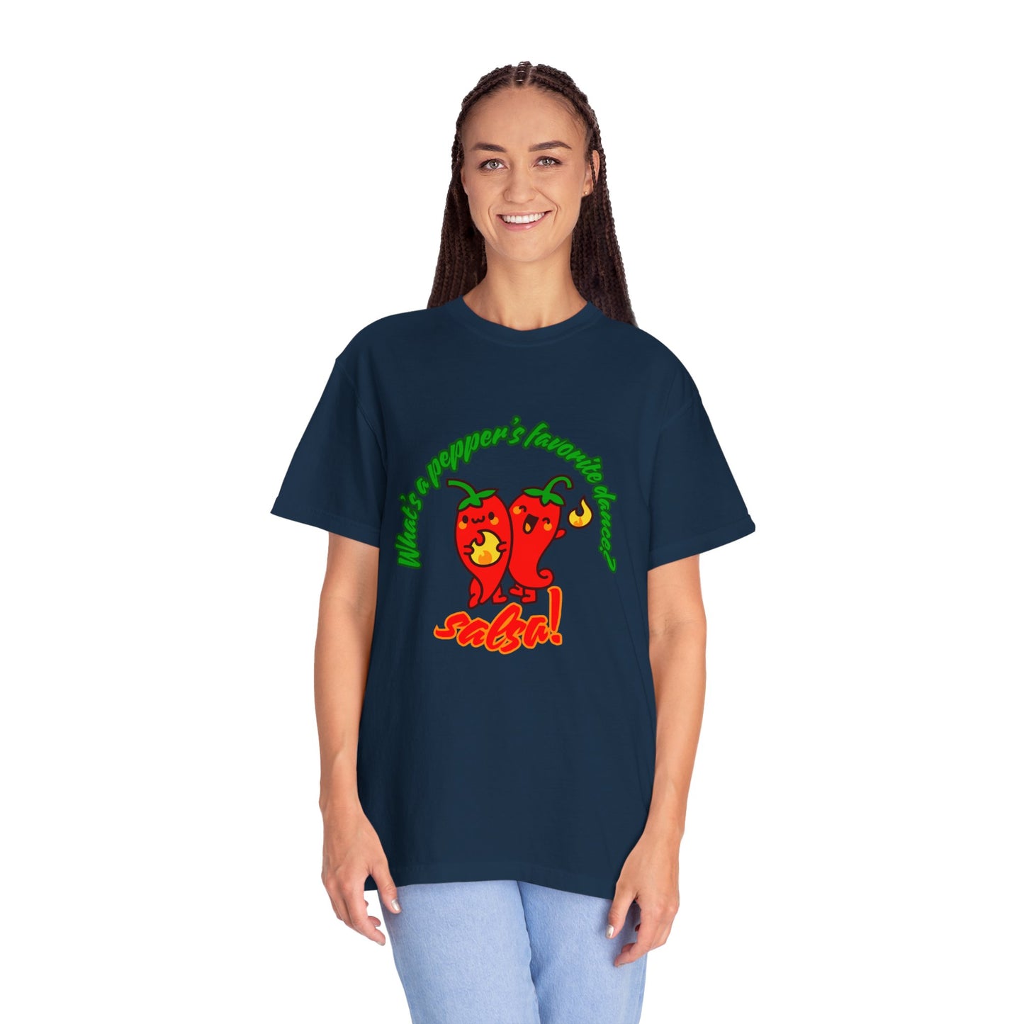 "What's a Pepper's Favorite Dance? Salsa!" Dance Pun Unisex Garment-Dyed T-Shirt – Funny Dance Joke Tee with Cute Pepper Graphic – Dance Humor Shirt for Food & Pun Lovers