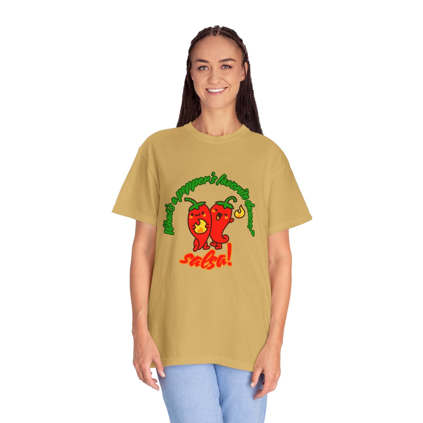"What's a Pepper's Favorite Dance? Salsa!" Dance Pun Unisex Garment-Dyed T-Shirt – Funny Dance Joke Tee with Cute Pepper Graphic – Dance Humor Shirt for Food & Pun Lovers