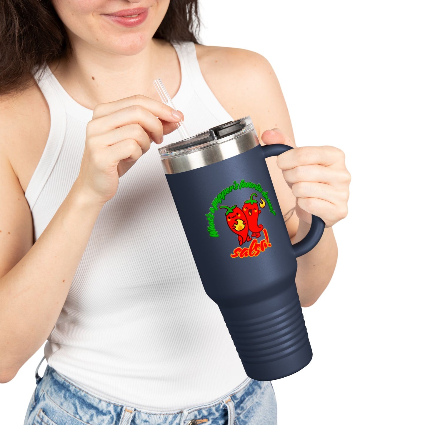 "What's a Pepper's Favorite Dance? Salsa." Funny Dance Quote 40oz Insulated Travel Mug – Bold Pepper Graphic Stainless Steel Tumbler