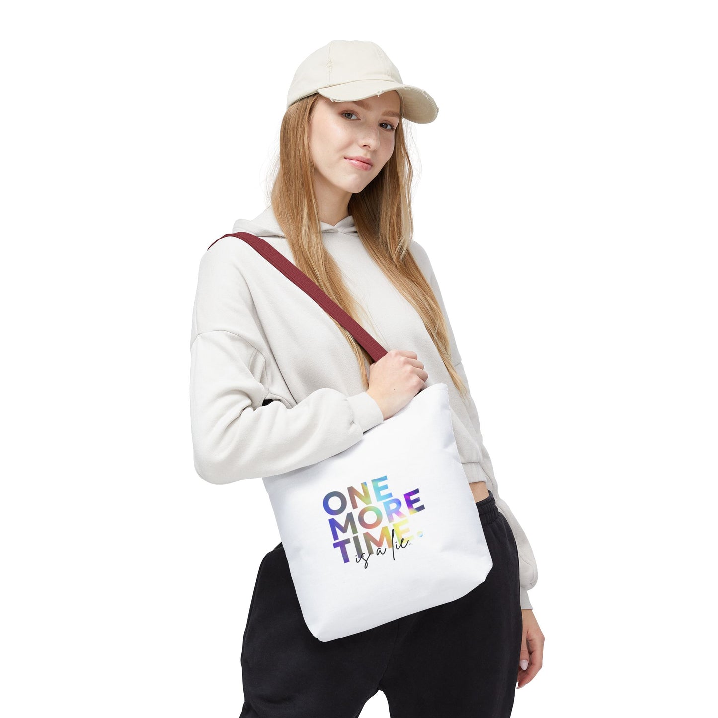 "One More Time Is a Lie" Dance Quote Canvas Tote Bag – Funny Colorful Text Graphic Dance Bag for Rehearsals, Studio & Everyday Use