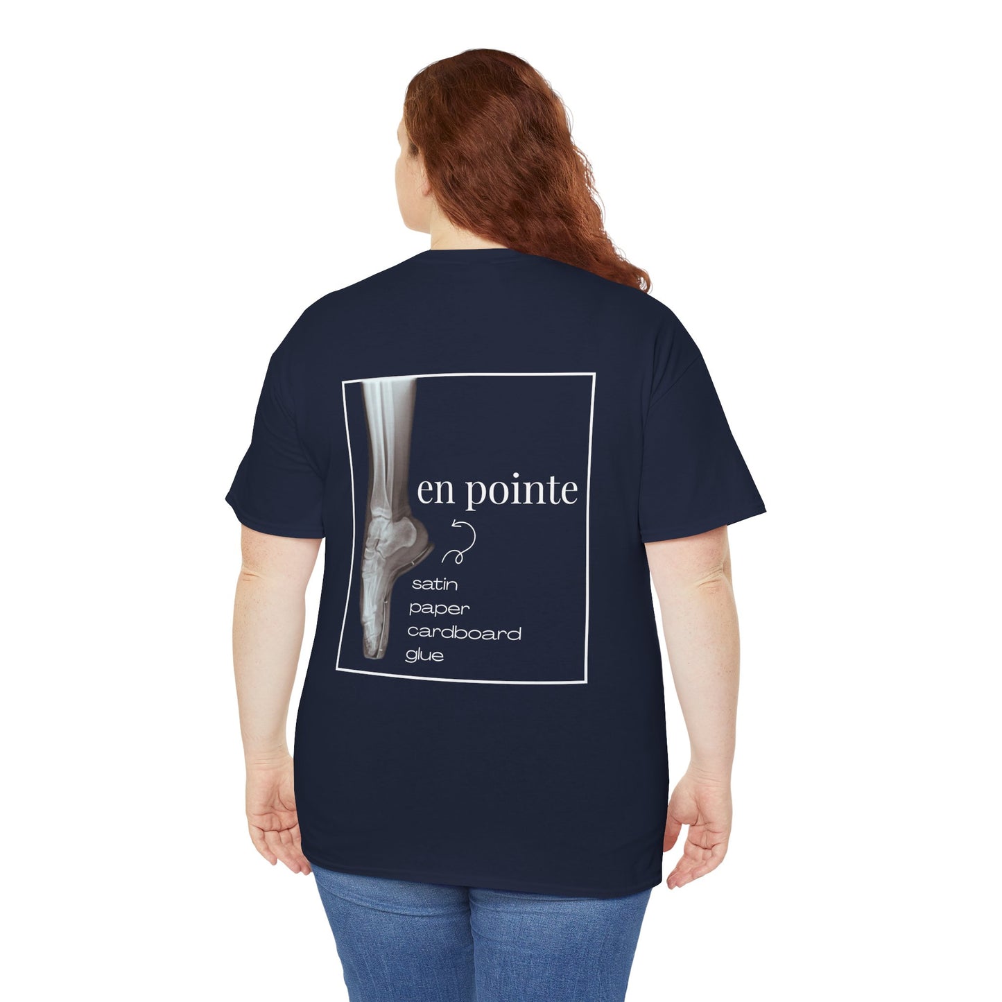 “I Dance en Pointe” X-Ray Ballet T-Shirt – Unisex Heavy Cotton Tee Featuring Pointe Shoe Foot Graphic with Optional Name or Studio Personalization on the back