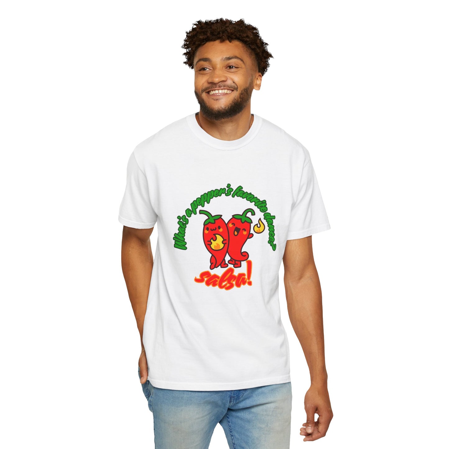 "What's a Pepper's Favorite Dance? Salsa!" Dance Pun Unisex Garment-Dyed T-Shirt – Funny Dance Joke Tee with Cute Pepper Graphic – Dance Humor Shirt for Food & Pun Lovers