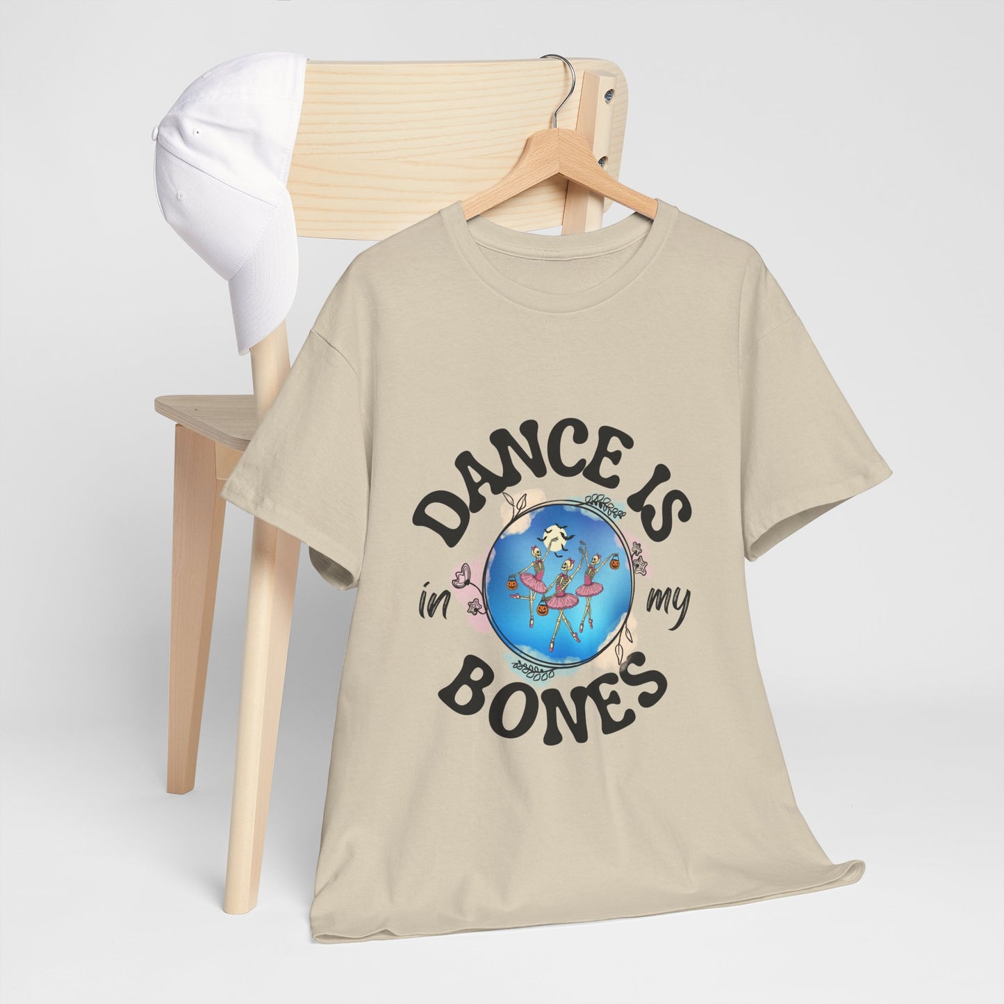 “Dance Is in My Bones” Halloween Dance T-Shirt with Dancing Skeletons Graphic - Unisex Heavy Cotton Tee