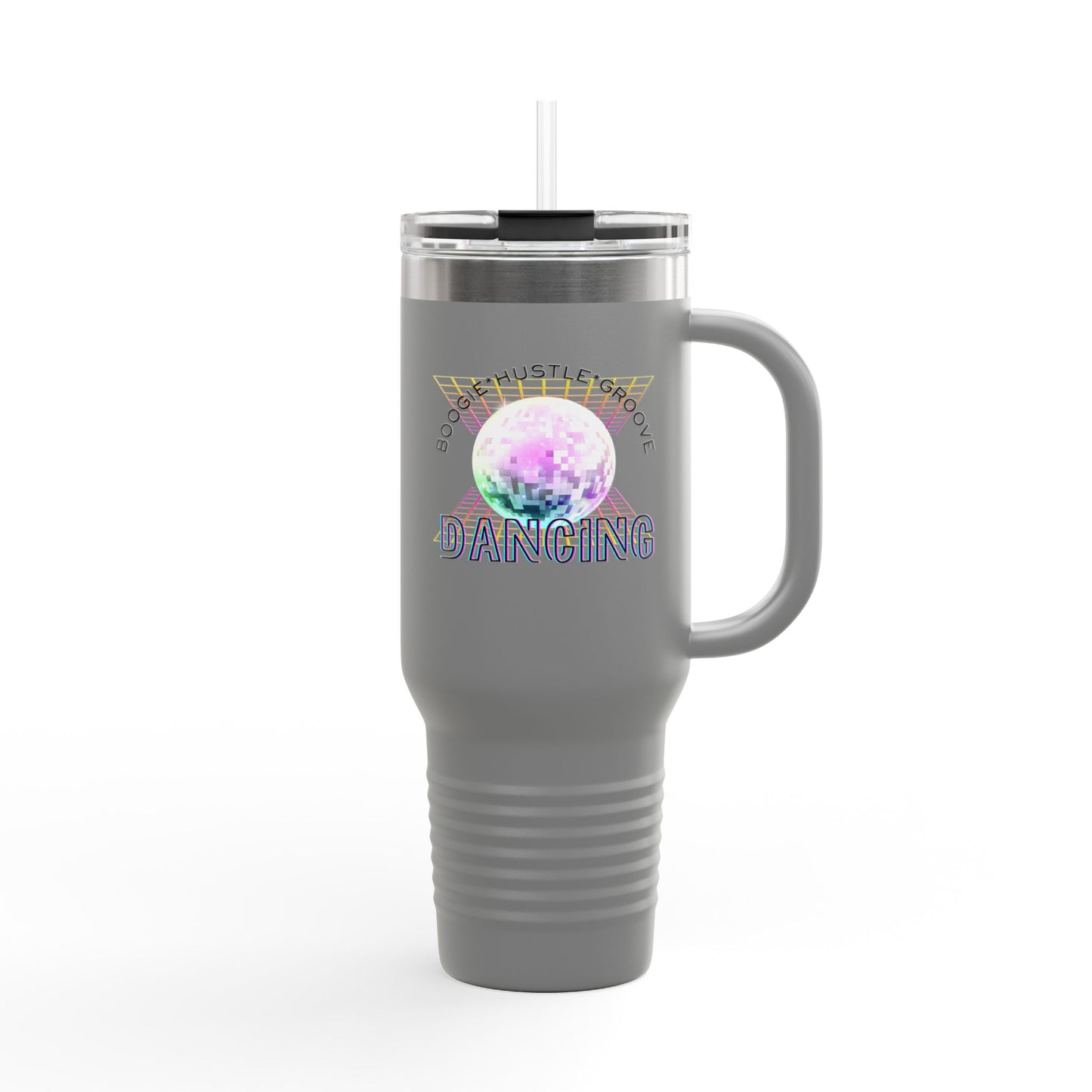 "Boogie, Hustle, Groove - Dancing" 40oz Insulated Travel Mug – Disco Dance Theme Stainless Steel Tumbler with Lid & Straw | Jeté Dance Shop