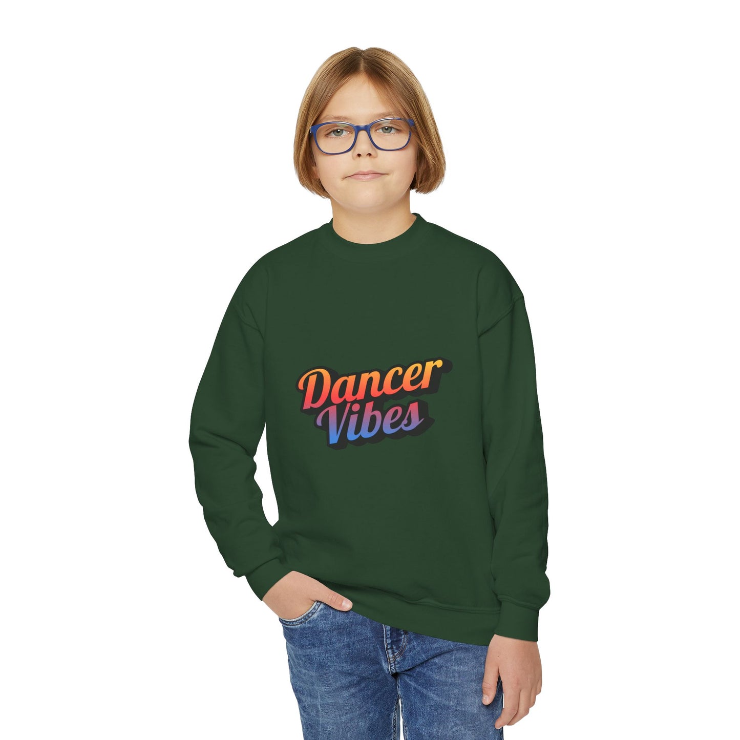 "Dancer Vibes" Youth Crewneck Sweatshirt – Colorful Text-Based Dance Graphic Pullover for Kids and Teens