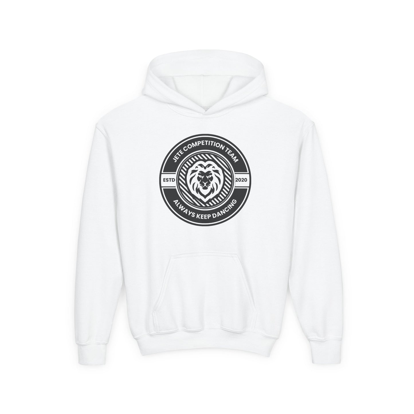 "Jeté Competition Team - Always Keep Dancing" Youth Hooded Sweatshirt – Bold Collegiate Emblem Dance Graphic Hoodie for Kids and Teens