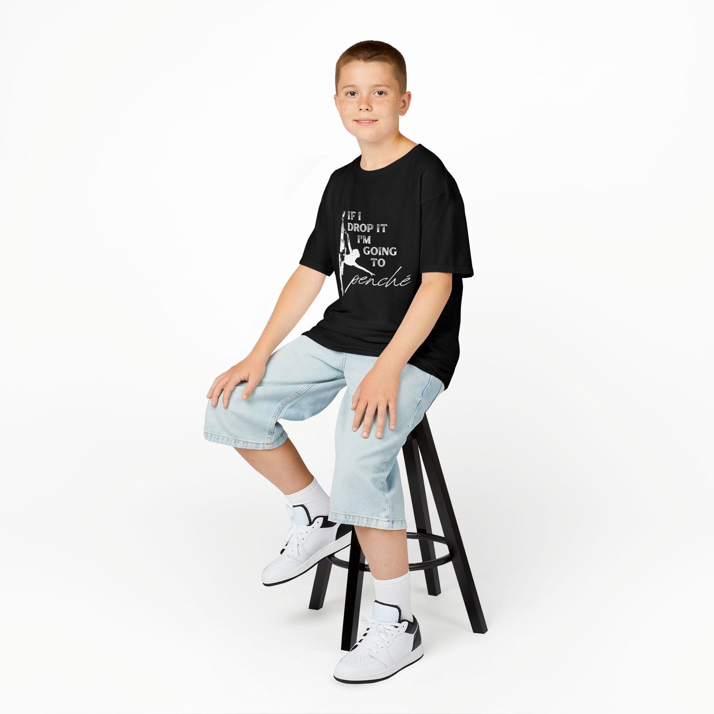“If I Drop It, I’m Going to Penché” Funny Dance T-Shirt – Youth Short Sleeve Tee with Dancer Graphic and Optional Name or Studio Personalization