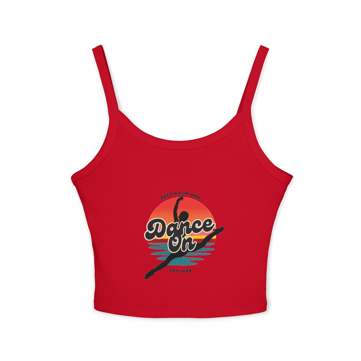 "Keep Calm and Dance On" Women’s Spaghetti Strap Tank Top – Retro Graphic Design | Fun & Stylish Dancewear for Studio, Festivals, and Everyday Outfits