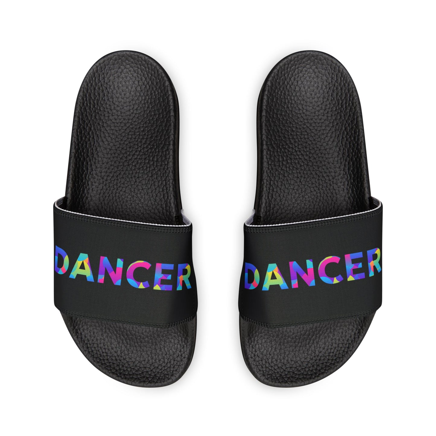 MEN'S SIZES - “Dancer” Colorful Text – Dance-Inspired Custom Slides with Removable Straps | Men’s Sandal Slides