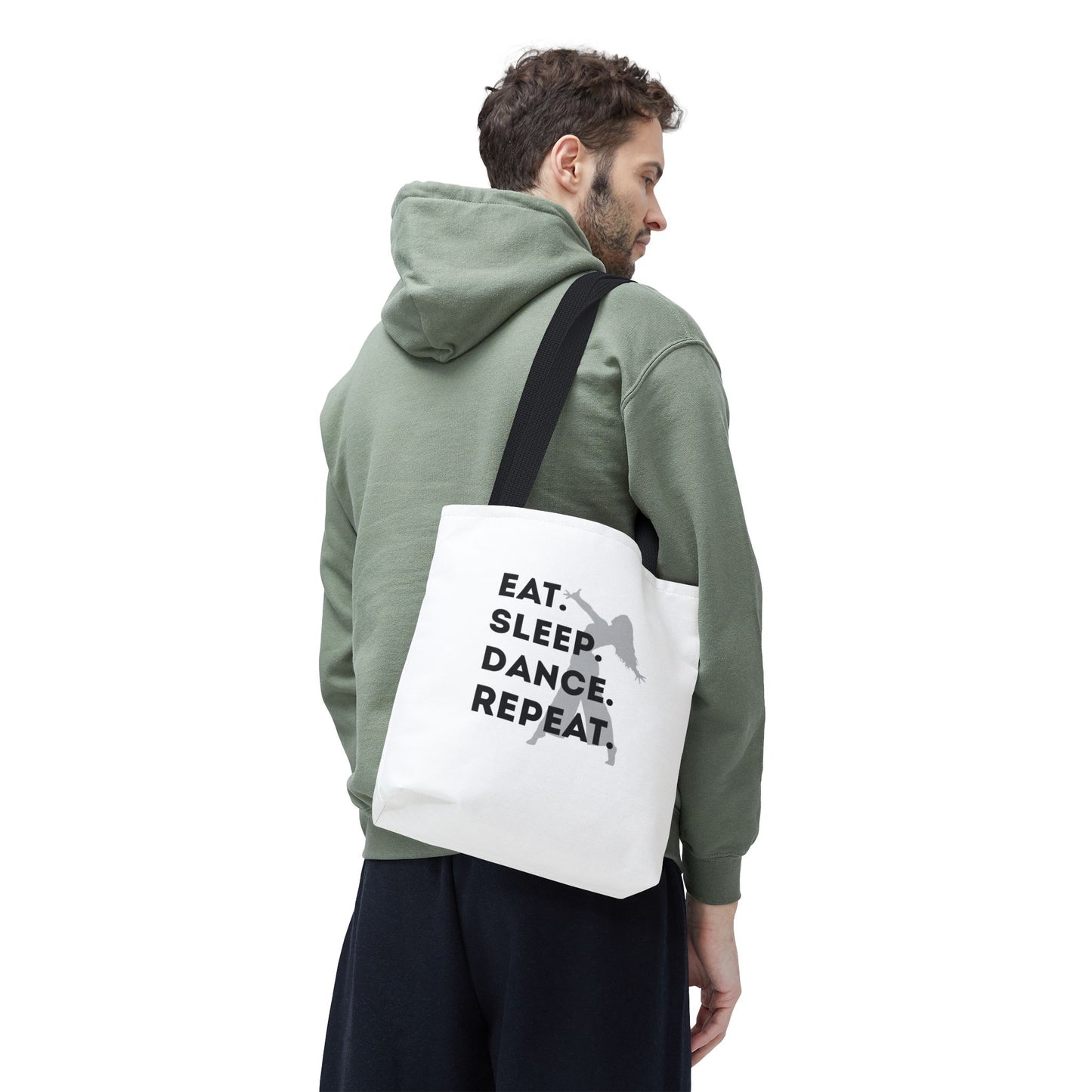 "Eat Sleep Dance Repeat" Canvas Tote Bag – Gray Dancer Silhouette Dance-Themed Reusable Shoulder Bag for Dancers, Studio, or Everyday Use