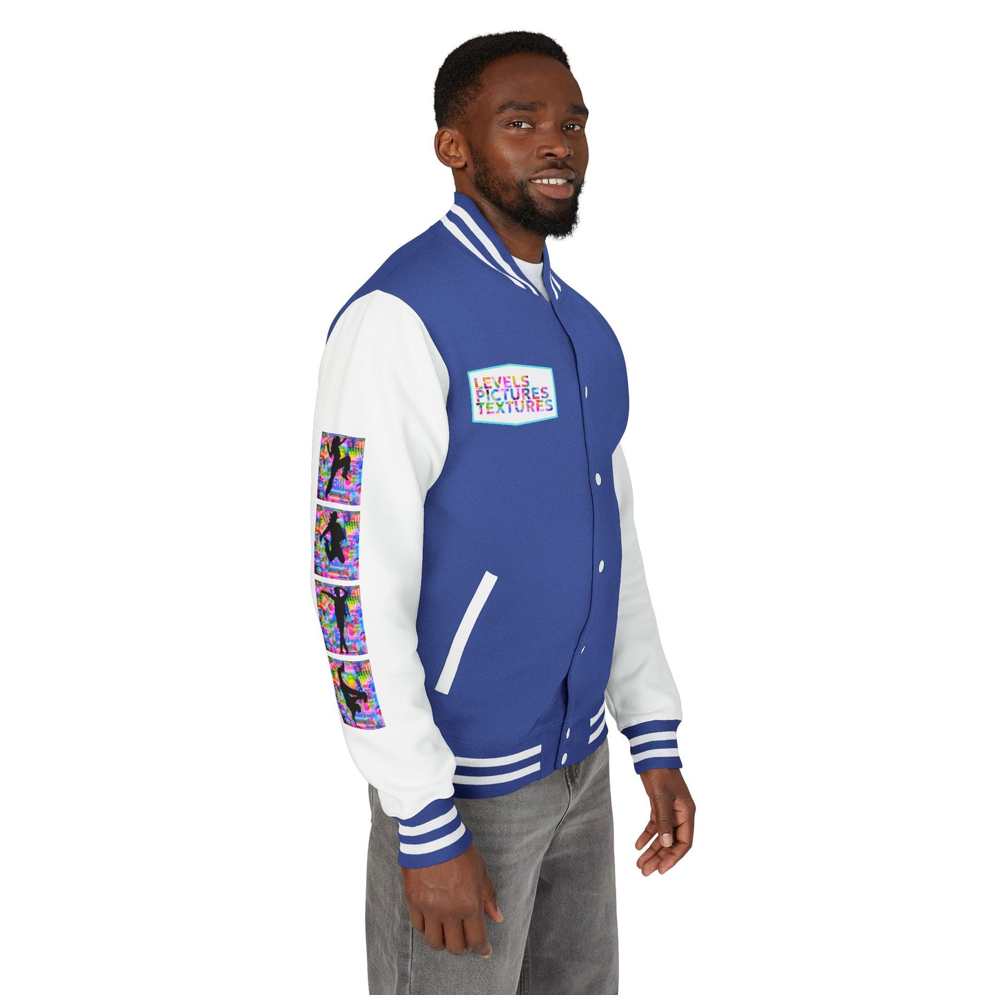 Levels Premium Collection Dance Letterman Jacket β Colorful Unisex Streetwear Varsity Jacket with "Levels Pictures Textures" Front and Dancer Silhouette Back Graphic