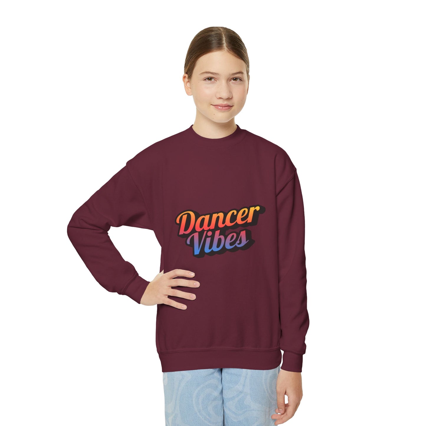 "Dancer Vibes" Youth Crewneck Sweatshirt – Colorful Text-Based Dance Graphic Pullover for Kids and Teens